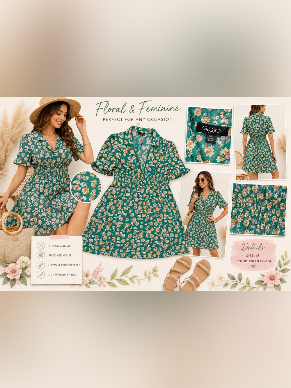 GiGio USA Green Floral Fit & Flare Dress Short Sleeve Size Medium